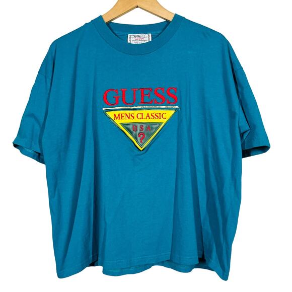 Vintage Guess Tee Short Sleeve Mens Classic Casual Crop Waist Teal Embroider XL - Picture 1 of 6